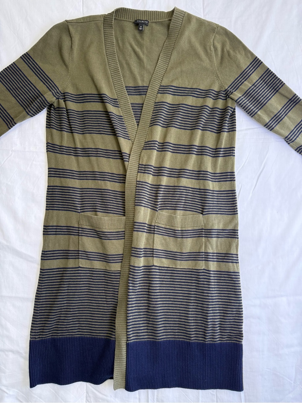 Talbots Green Blue Striped V-Neck Long Sleeve Knit Cotton Cardigan Pockets M